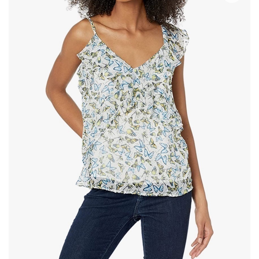 Cupcakes & Cashmere Rusty Swiss Dot Chiffon Tank Ruffle Size XS Butterfly Print